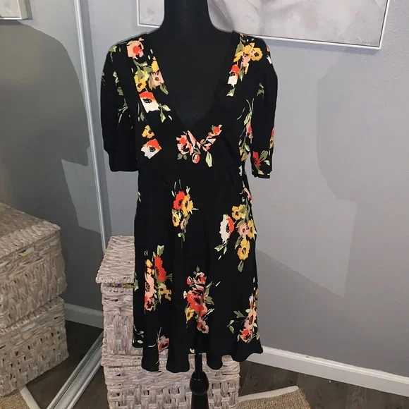 Free People Neon Garden Black Mini Dress - Black UK 10 at Urban Outfitters